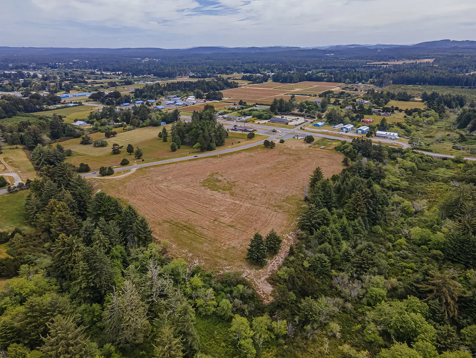 Aerial view of expansive rural landscape featuring open fields, dense tree coverage, and distant hills under a partly cloudy sky, illustrating potential for development.