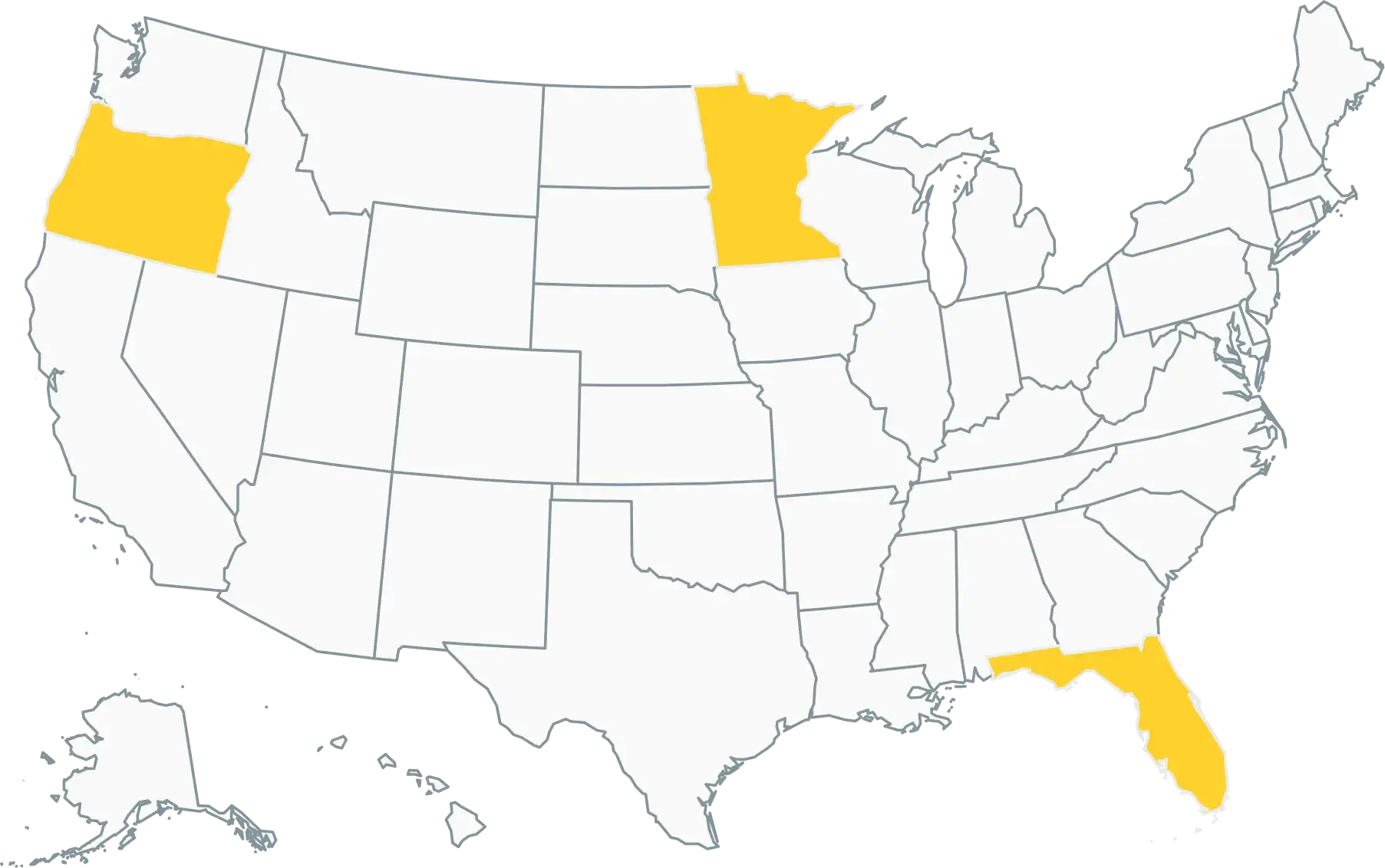USA map A map of the usa with oregon, Minnesota and Florida highlighted in yellow